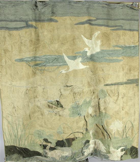 Two Japanese woven silk wall hangings, late 19th century,